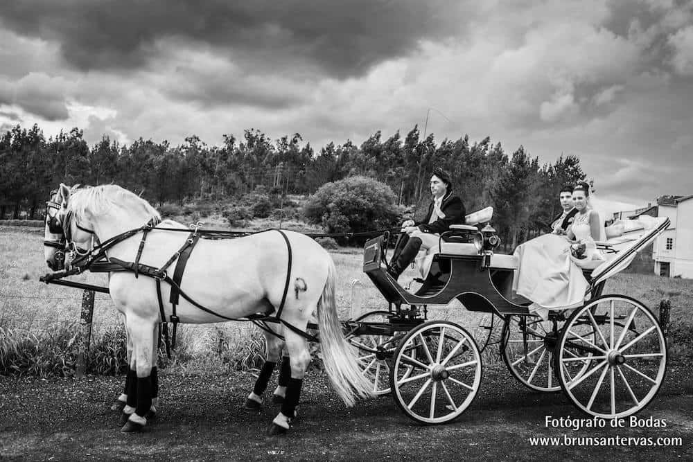 Novios llegando al restaurante en coche de caballos.